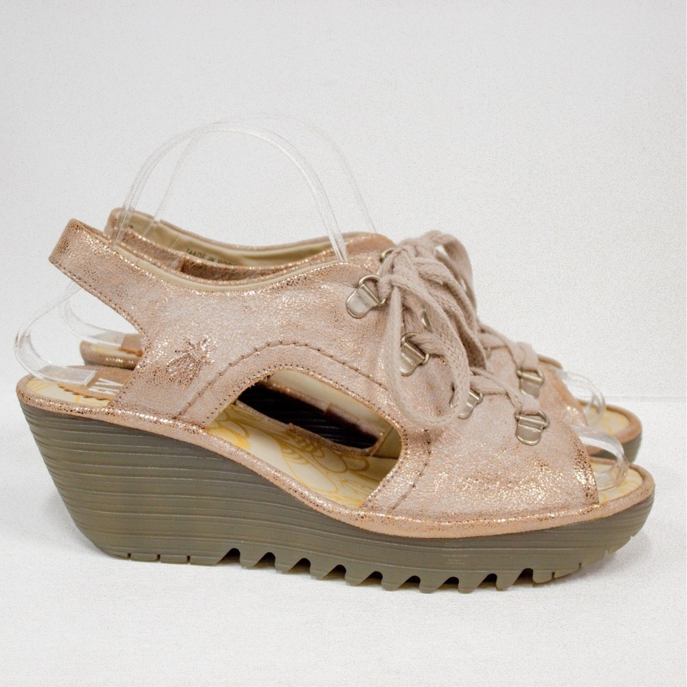 Fly London Ylfa Luna Lace Up Wedge Sandals Rose Gold Pearl Women's Size 38 US 8 - Picture 5 of 12